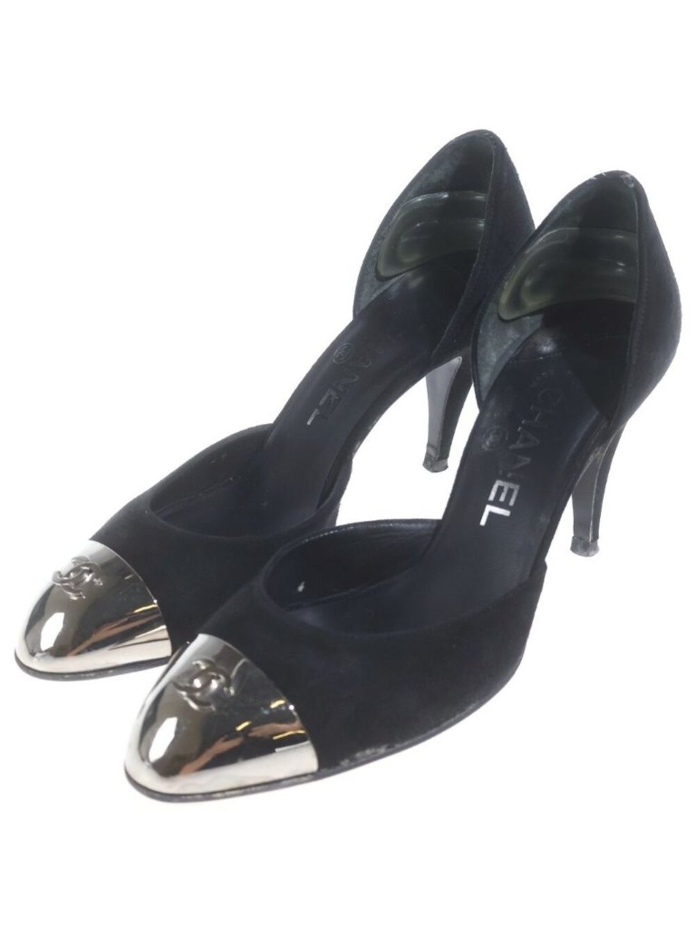 Chanel CC Logo Metal Heels Black Silver